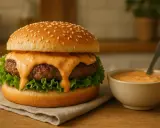 Un délicieux burger avec sa sauce Big Mac dégoulinante, servi à côté d'un petit bol de cette sauce onctueuse.