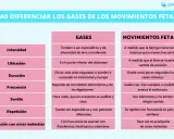 Tabla compara gases premenstruales o embarazo. Los gases son esporádicos, en abdomen bajo, y ruidosos. Los movimientos fetales son más intensos, silenciosos y se repiten.