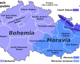 Mapa Czech z podziałem na regiony: Czechy właściwe (Bohemia) i Morawy. Kraina z brnem to Morawy, z zaznaczonymi regionami: Południowomorawskim, Ołomunieckim i Zlinskim.