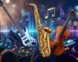 Gitara, saksofon, skrzypce i DJ-ka. Różne rodzaje muzyki i przykłady dźwięków.