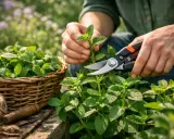 Récolte de menthe fraîche pour savoir comment faire pousser de la menthe. Un panier déborde de feuilles vertes.