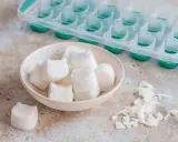 Kleine, weiße Eiswürfel in Katzenform liegen in einer Schale. Sie sind das Ergebnis von kokosmilch einfrieren. Daneben eine leere Eiswürfelform.