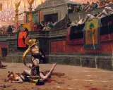 Ein siegreicher Gladiator im alten Rom steht über seinen besiegten Gegnern. Die Menge jubelt von den Rängen.