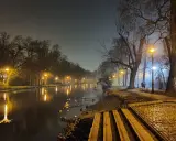 Mglisty wieczór nad **Bydgoszczą**, latarnie oświetlają spokojną **rzekę** i aleję drzew.