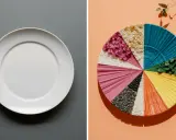 Une assiette blanche à gauche, une roue chromatique de textures et couleurs alimentaires à droite. Un vrai coup de food !