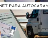 Carnet para llevar caravana, con permiso internacional de conducir y autocaravana aparcada en la playa.