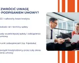 Trzy osoby analizują dokumenty, co sugeruje sprawdzenie umowy kredytowej. Na ekranie widnieje lista punktów do weryfikacji.