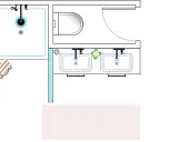 Plano de baño con ducha, inodoro, lavabo doble y toalla. Incluye detalles para planos de baños con medidas.