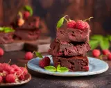 Stos pysznych brownie z malinami, ozdobiony świeżymi malinami i listkami mięty.