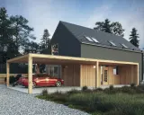 Maison moderne avec carport en bois abritant une voiture rouge. La législation sur les carports est importante pour de tels aménagements.