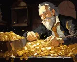 Uśmiechnięty starzec z siwą brodą przegląda stos złotych monet, jakby był postacią z karty 4 monet tarot.