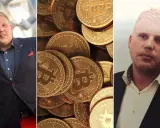 Sylwester Suszek nie żyje. Trzy panele: mężczyzna w garniturze, stos złotych monet Bitcoin, zbliżenie na twarz mężczyzny.