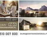 Reklama na ogrodzeniu: nowoczesne domy Nowodworska.pl, cena od 4855 zł/m², tel. 510 007 800.