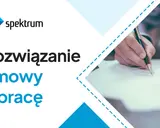 Logo "spektrum" i tekst "Rozwiązanie umowy o pracę". Dłoń podpisuje dokument.