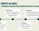 Infographie "Droit au bail" : 4 étapes pour céder un droit au bail commercial, de la rédaction du contrat à l'enregistrement.