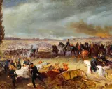 Schlachtfeld mit Soldaten und Verwundeten. Im Hintergrund brennende Stadt. Ein Bild der Einigungskriege Bismarcks.