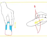 Dłoń trzymająca przedmiot, obok usta z językiem. Ilustracja pokazuje techniki seksu bez penetracji.