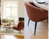 Fauteuils et chaises au tissu doux couleur brun, dans un salon lumineux et une salle à manger moderne.