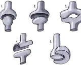Fünf schematische Darstellungen von mechanische Gelenke Beispielen, die verschiedene Bewegungsarten illustrieren.