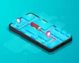 Nowoczesne systemy telematyczne na smartfonie: ciężarówka na mapie z zaznaczoną trasą i punktami docelowymi.