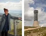 Kobieta na tarasie widokowym podziwia krajobraz. W oddali widać wieżę widokową, cel szlaku na Śnieżnik.
