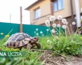 Żółw wodno-lądowy spaceruje po trawie wśród dmuchawców.