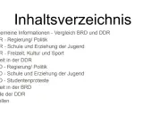 Inhaltsverzeichnis mit Vergleich von BRD und DDR, Themen wie Politik, Schule, Arbeit und Studentenproteste werden beleuchtet.