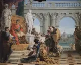 Römischer Herrscher auf Thron, umgeben von Statuen und Menschen. Eine Szene, die an eine **Volksversammlung Rom** erinnert, mit dramatischen Gesten und prächtiger Architektur.