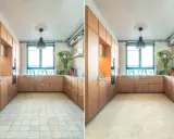 Cucina con pavimento in piastrelle trasformata in un nuovo pavimento moderno, un modo intelligente per cambiare pavimento senza tagliare porte.