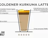 Goldener Kurkuma Latte: Zutaten wie Ingwer, Zimt, Espresso, Milch, Kurkuma, Pfeffer und Süßungsmittel werden für dieses Getränk benötigt.