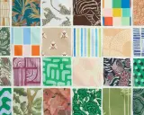 A grid of fabric swatches showcasing diverse fabric patterns: animals, geometric shapes, floral designs, and abstract art.