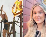 Glädjetjut och eld! En kvinna firar sin seger som Robinson vinnare. Bredvid syns en närbild på hennes leende ansikte.
