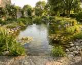 Magnifique aménagement bassin de jardin avec nénuphars, poissons dorés et végétation luxuriante. Un havre de paix naturel.