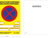 Señalización excepcional de prohibido estacionar, con campos para motivo y fechas. Normativa municipal.