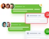 Grupa znajomych dyskutuje, wysyłając wiadomości. Widzimy trzy formy komunikacji: zielone dymki czatu, czerwony komunikat o błędzie i zielony o potwierdzeniu.