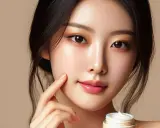 Rostro de mujer con un toque de maquillaje coreano en los ojos, piel radiante y un tarro de crema.