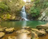 Cascada en un entorno verde con aguas cristalinas, evocando la belleza de las piscinas naturales de Cádiz.