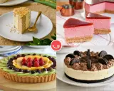 Cuatro originales tartas bonitas: una de capas, dos de fresa y una de frutas.