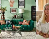 En kvinna med långt blont hår sitter i en mysig miljö, omgiven av olika inredningsstilar. En grön sammetssoffa och en unik soffbordsdesign skapar en modern känsla.