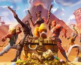 Postacie z gry Fortnite przy skrzyni pełnej skarbów. Idealne darmowe gry na PS4 dla każdego gracza!