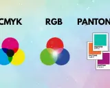 Diagrama comparativo de sistemas de color: CMYK, RGB y muestras Pantone. El CMYK muestra círculos superpuestos de cian, magenta, amarillo y negro.