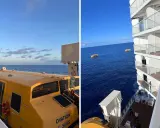 Vista da una nave da crociera: da un lato una scialuppa gialla, dall'altro il mare con altre scialuppe e balconi. Meglio cabina poppa o prua?