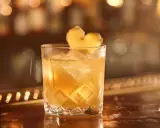 Ett glas med is och en gyllene ginger ale, garnerad med en ingefärskärna.