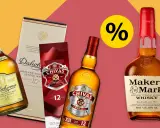 Flaschen Dalwhinnie und Chivas Regal, die zeigen, was bedeutet Single Malt Whisky. Prozent-Symbol für Angebot.