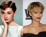 Audrey Hepburn y Zendaya, dos íconos de estilo, comparadas con un pixie cut largo y peinados clásicos.