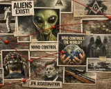 Plakaty z filmów o teoriach spiskowych: kosmici, Area 51, kontrola umysłu, JFK, masoni i tajemnicze postacie.