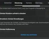 Einstellungen der dji gimbal app: Gimbal-Rotation, erweiterte Einstellungen und Kalibrierung.
