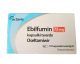 Opakowanie leku Ebilfumin 75 mg, zawierającego oseltamiwir dla dzieci. 10 kapsułek twardych.