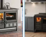 Deux poêles chauffe-eau, l'un en pierre, l'autre noir, avec des flammes visibles dans le four.