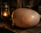 Une grosse saucisse, ressemblant à prendre des vessies pour des lanternes, repose sur une table en bois à côté d'une lanterne allumée.